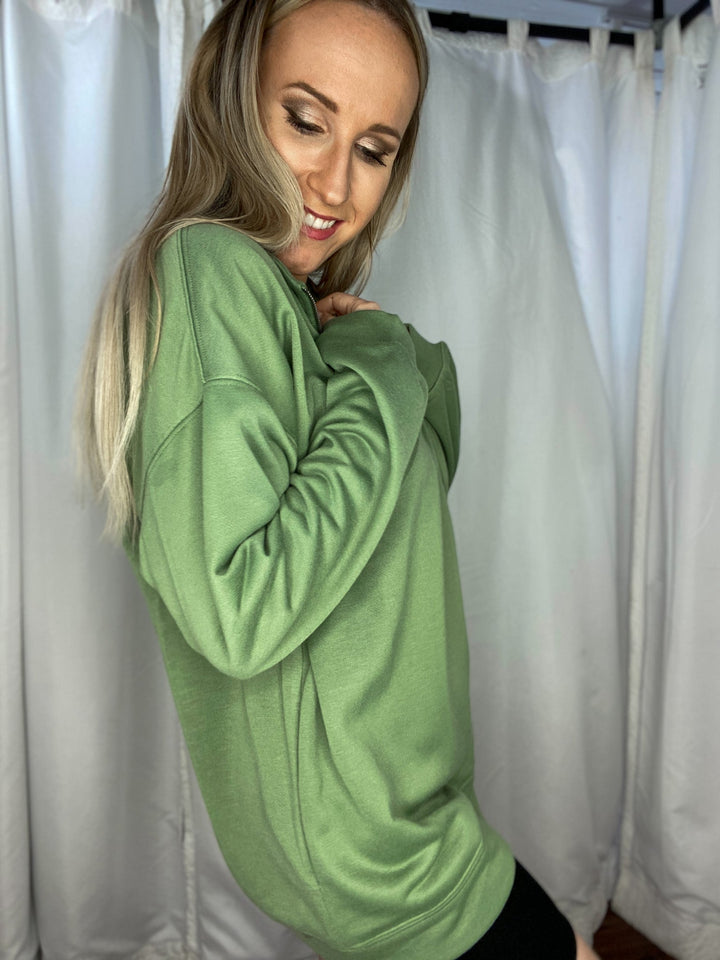 Half Zip Pocketed Green Pullover - Shirts & Tops