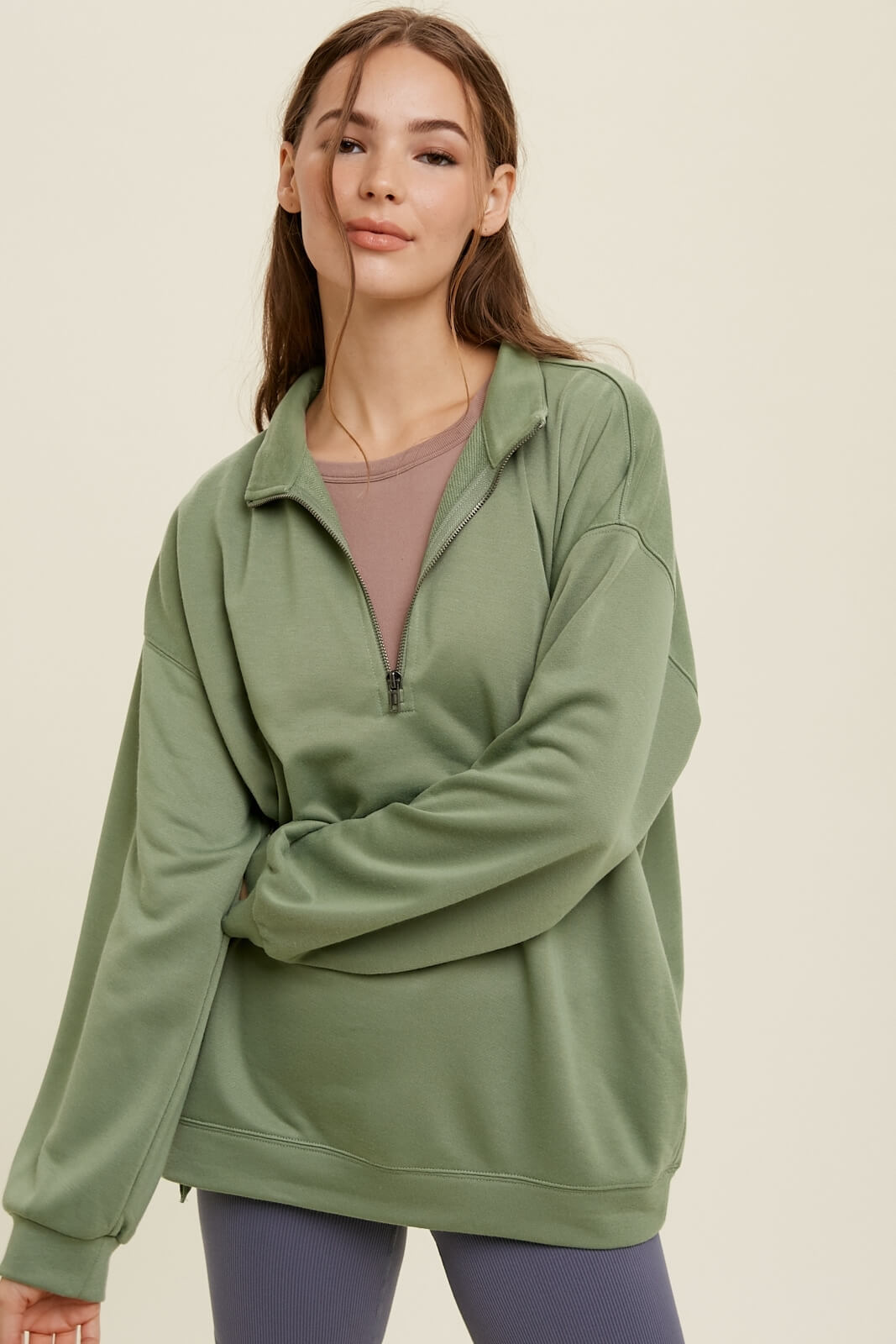 Half Zip Pocketed Green Pullover - Shirts & Tops