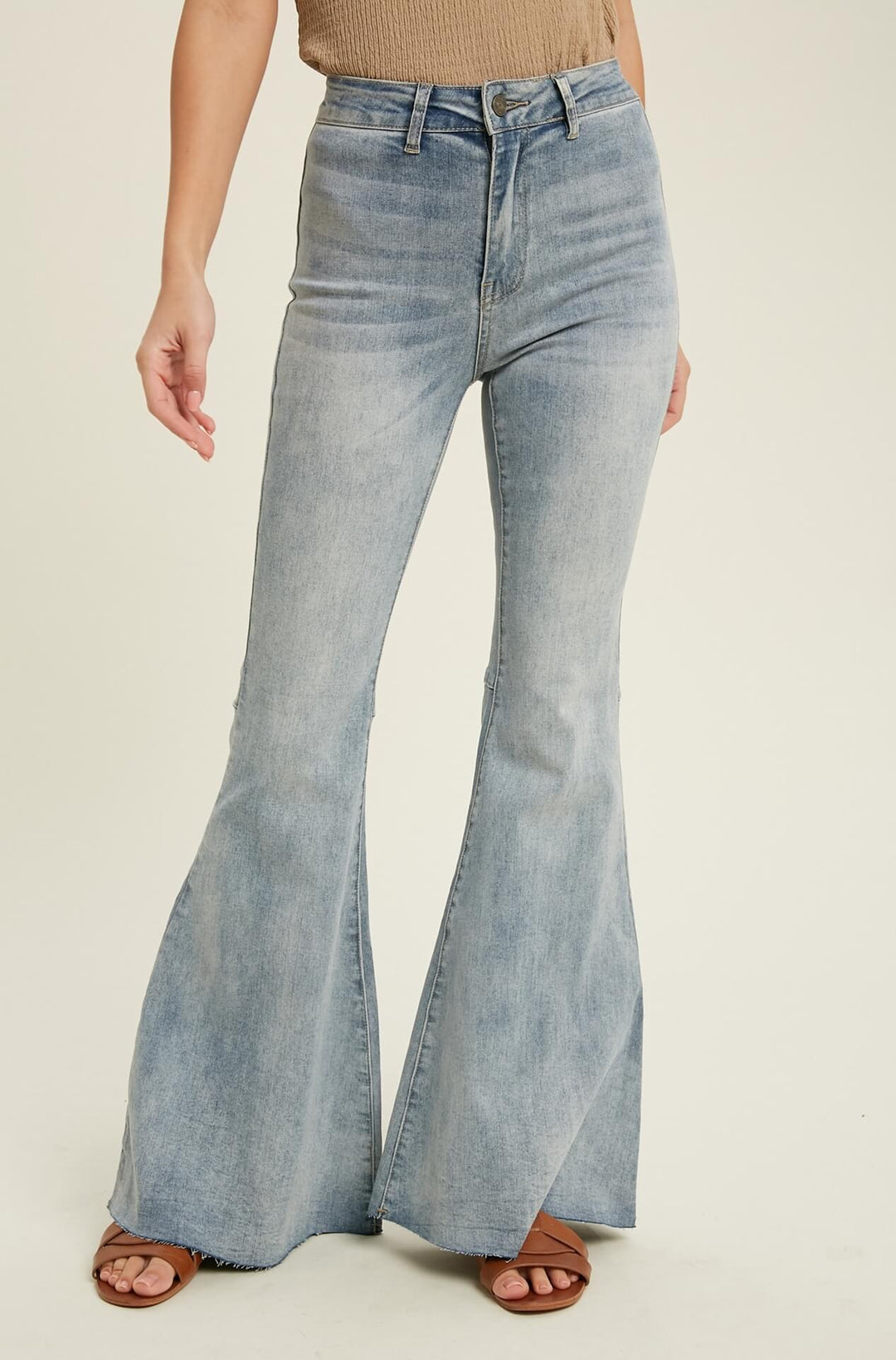 High-Rise Raw Hem Flare Jeans - Denim