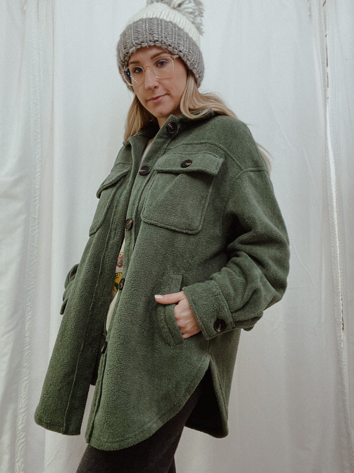 Deep Green Pocketed Teddy Jacket