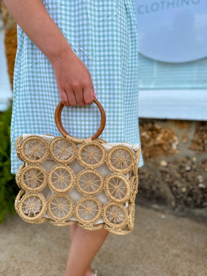 Straw Braided Wooden Handle Bag