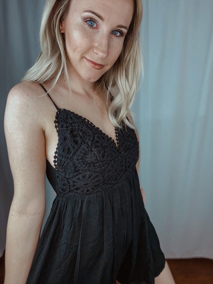Into the Night Black Lace Inset Romper - Rompers