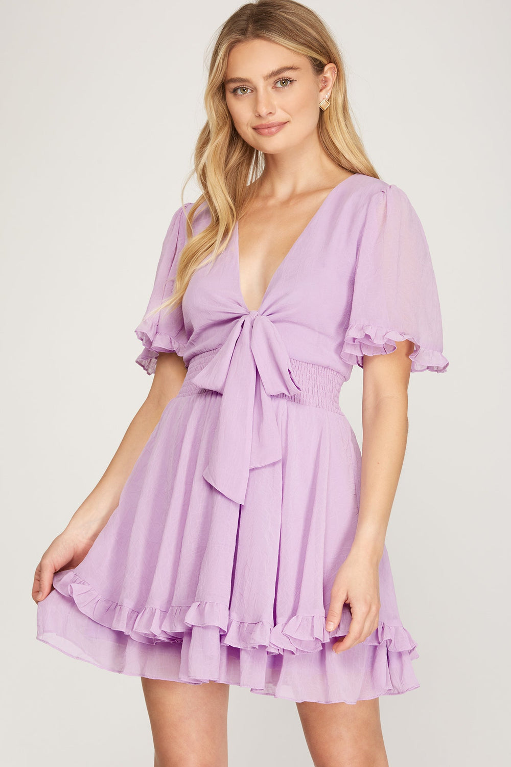 Lavender Flutter Sleeve Smocked Mini Dress - Dress