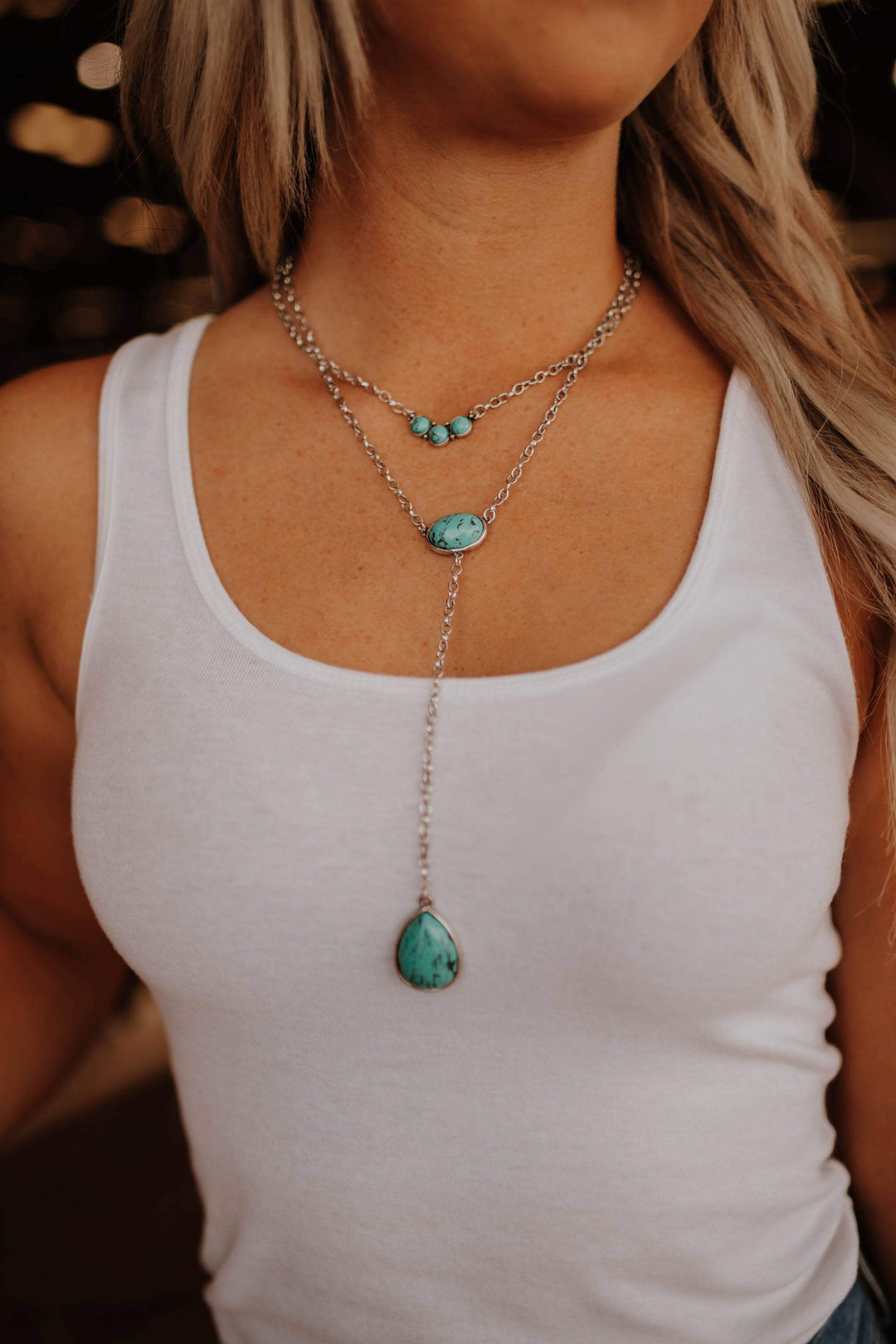 Layered Turquoise Stone Lariat Necklace - Jewelry