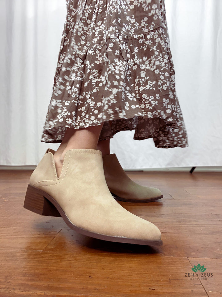 Low Heel Taupe Ankle Bootie - Shoes