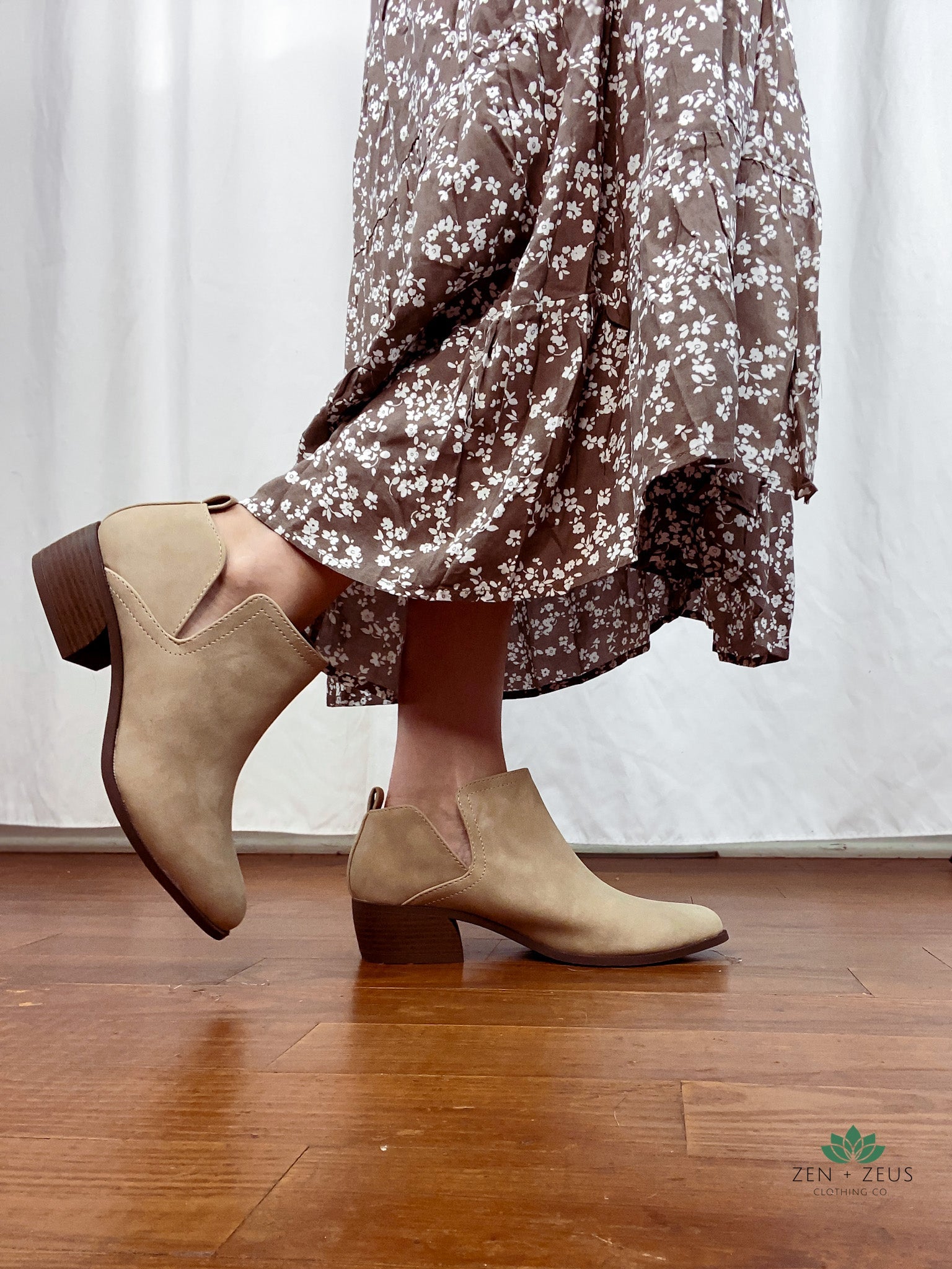 Low Heel Taupe Ankle Bootie Zen Zeus Clothing Co