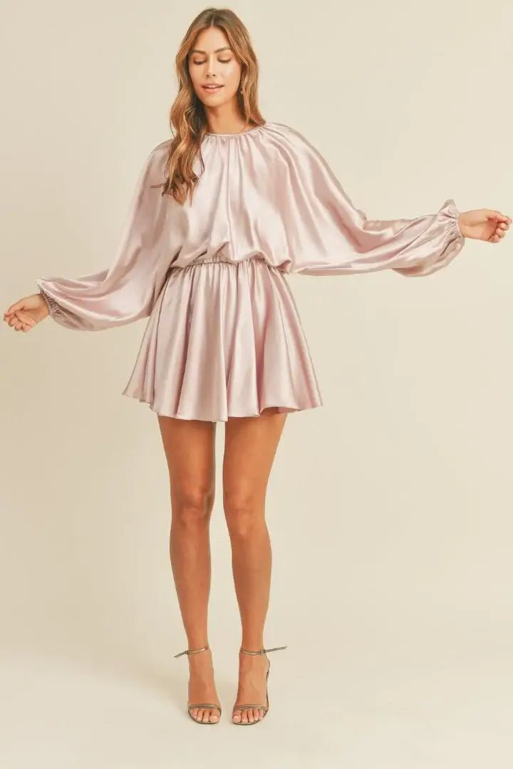 Mauve Satin Puff Sleeve Mini Dress - Dress