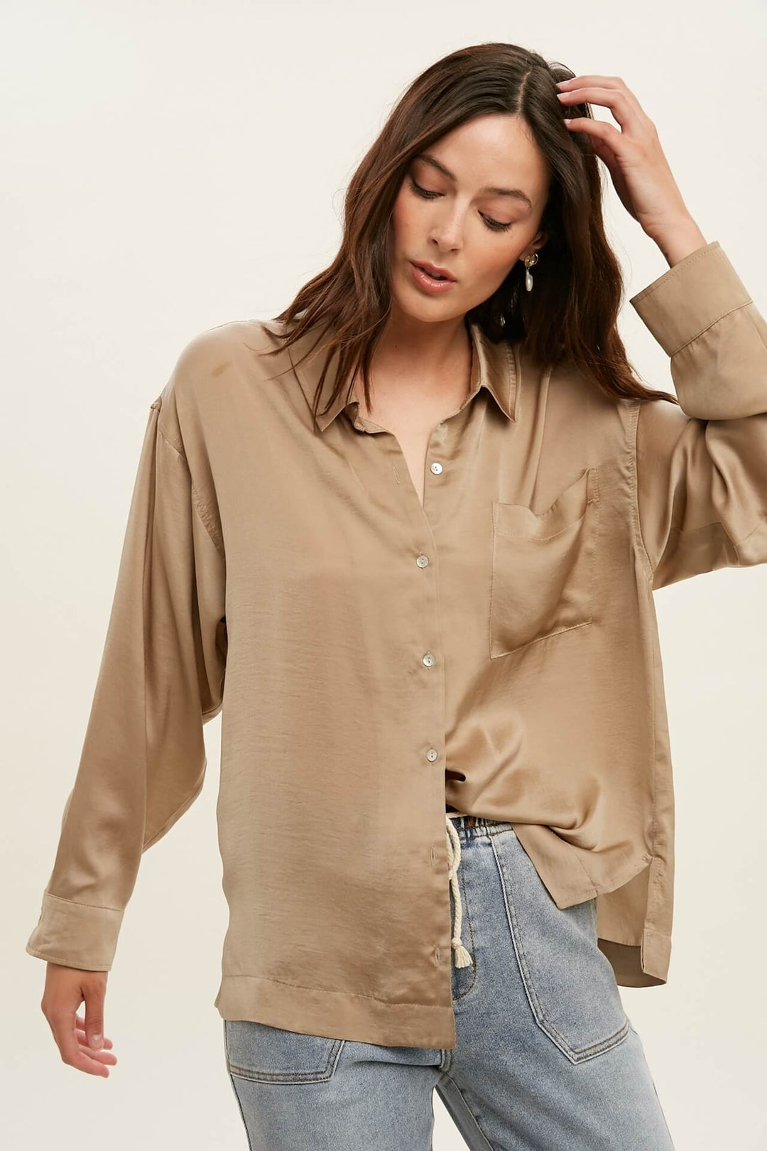 Mocha Satin Button Up Blouse - Shirts & Tops