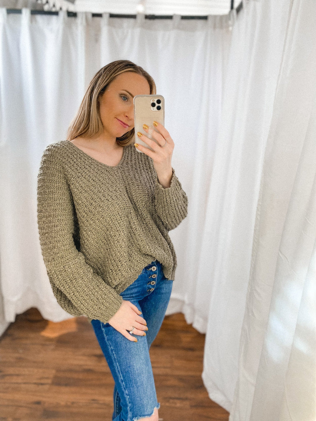 Olive Oversized Textured Sweater - Sweater