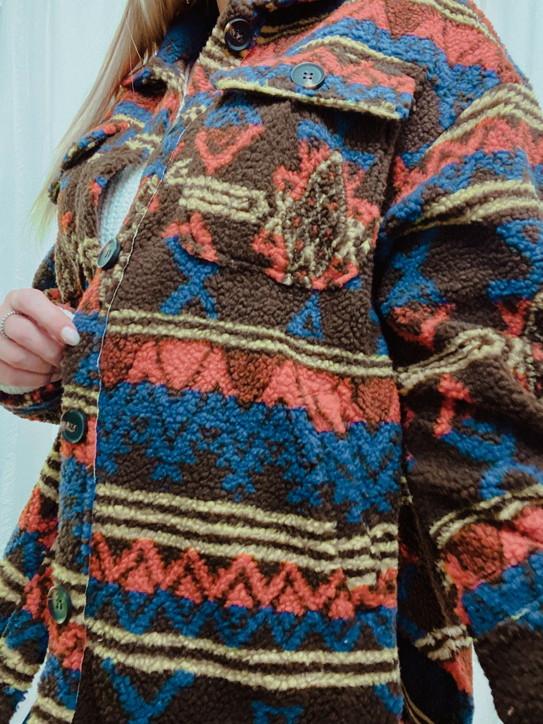 Oversized Aztec Sherpa Pocketed Shacket - Coats & Jackets