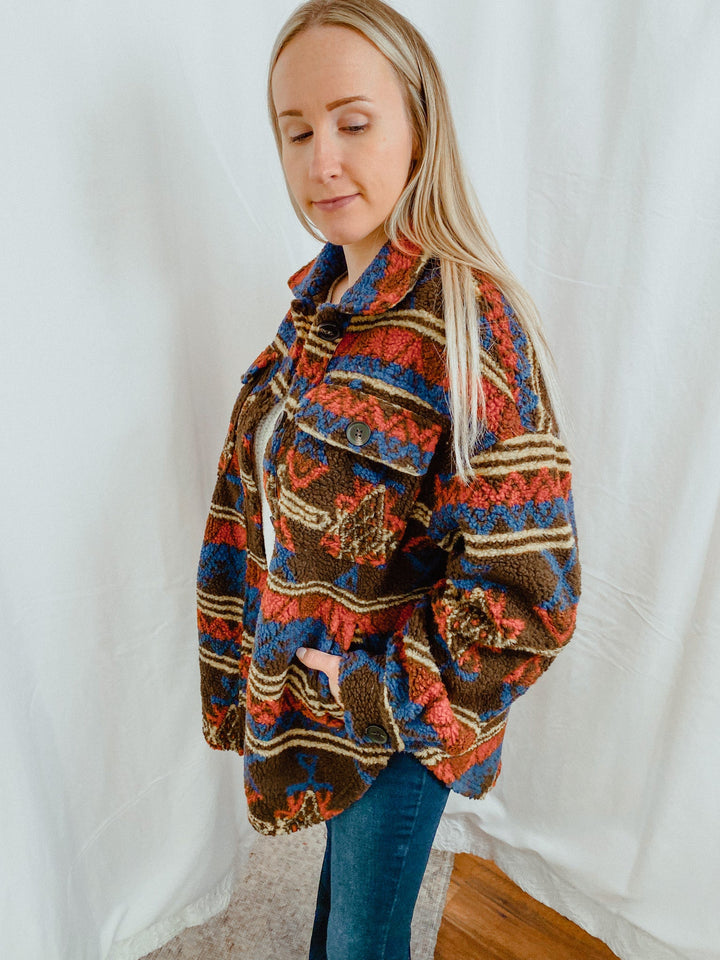 Oversized Aztec Sherpa Pocketed Shacket - Coats & Jackets