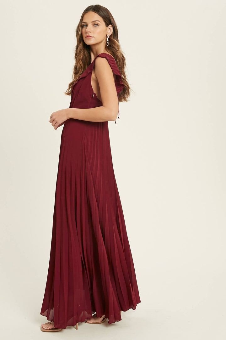 Pleated Wine Maxi Dress - Dress