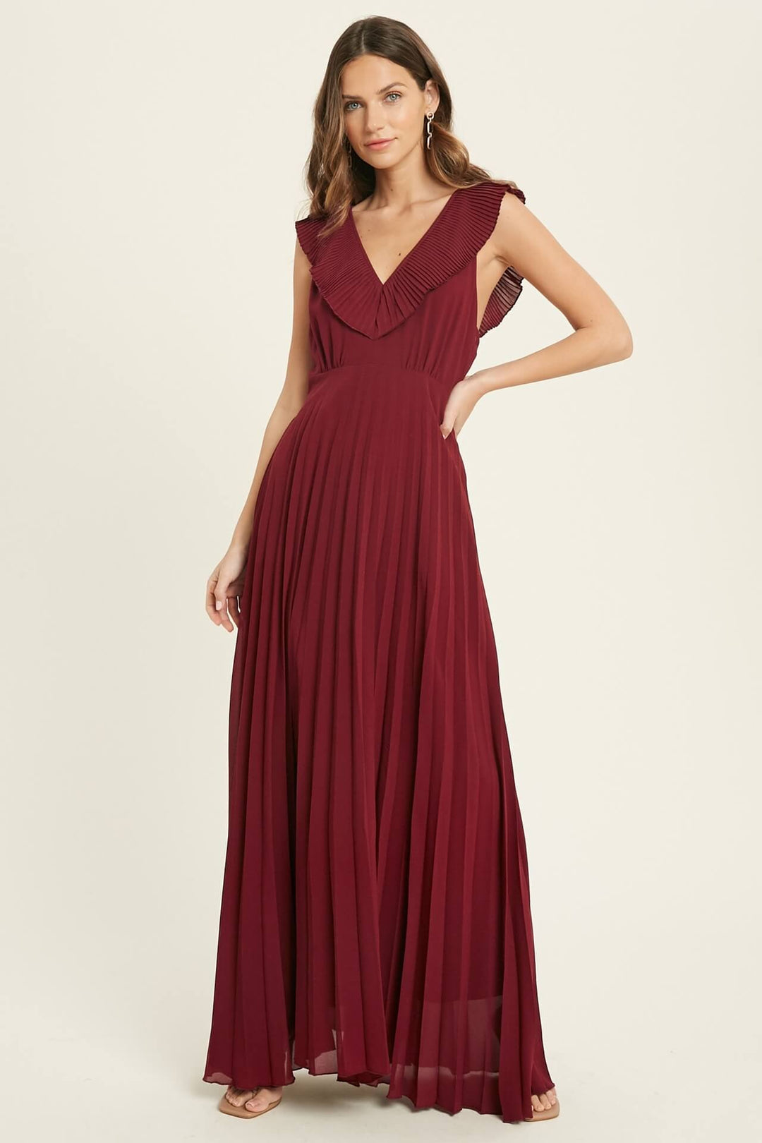 Pleated Wine Maxi Dress - Dress