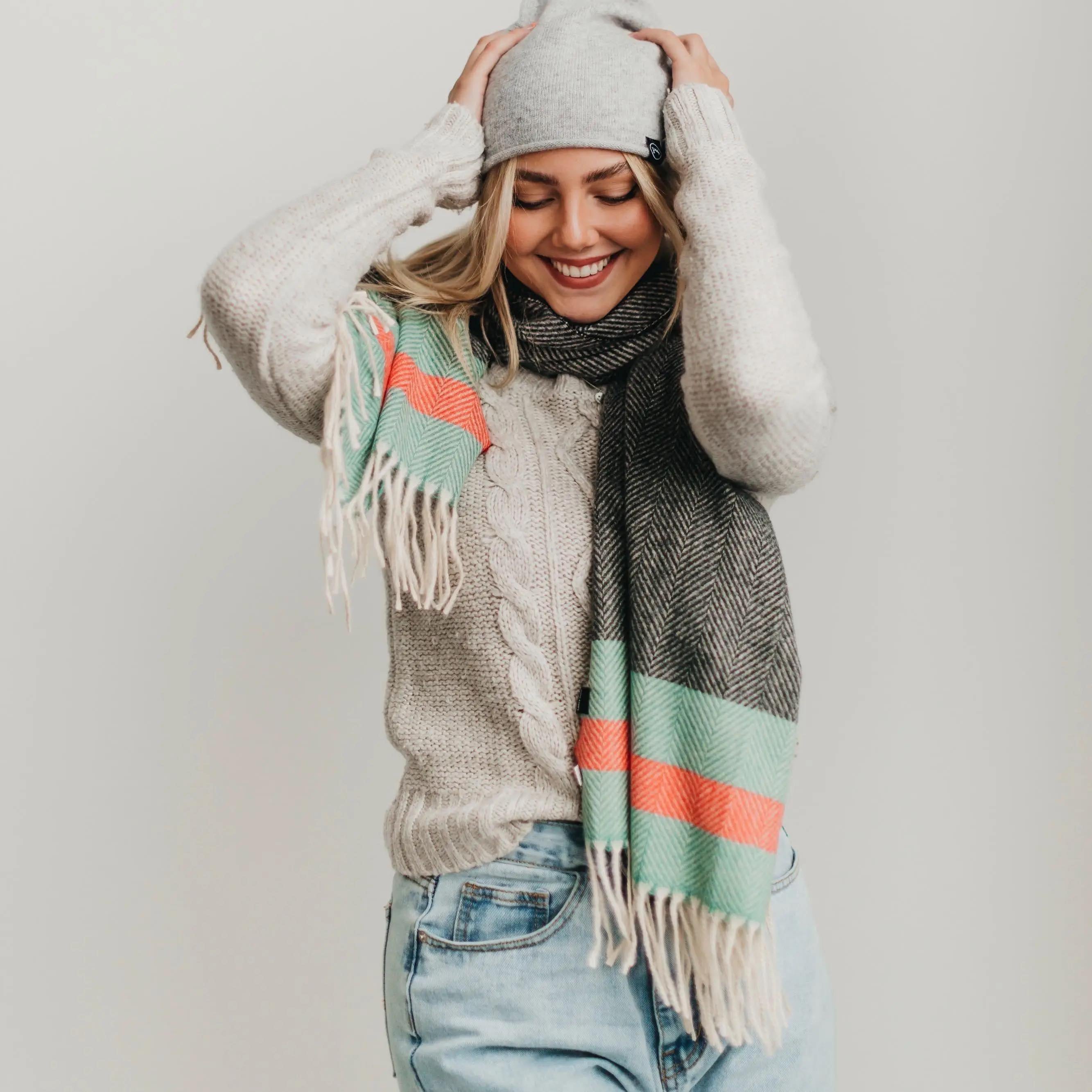 Red and store green striped scarf