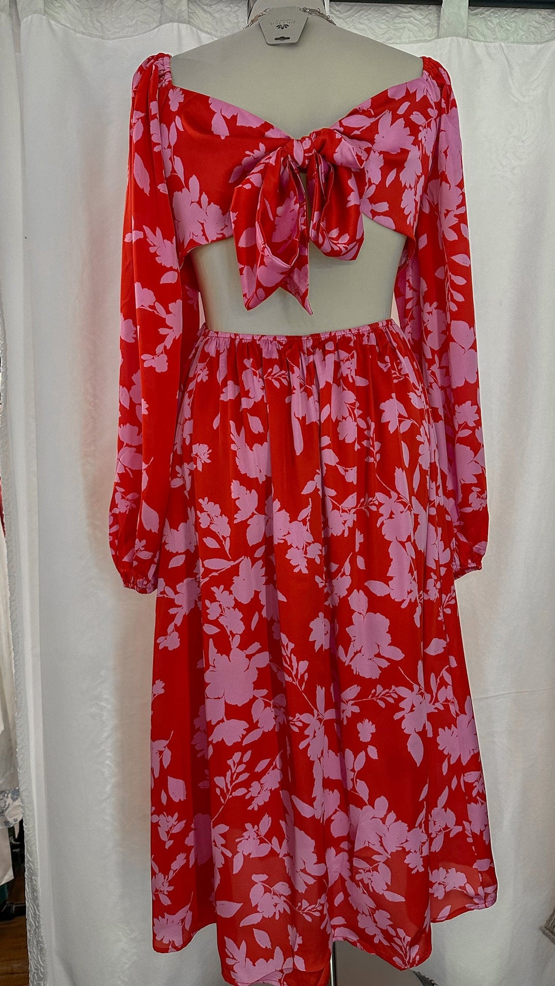 Red Satin Floral Cut Out Midi Dress - Dresses