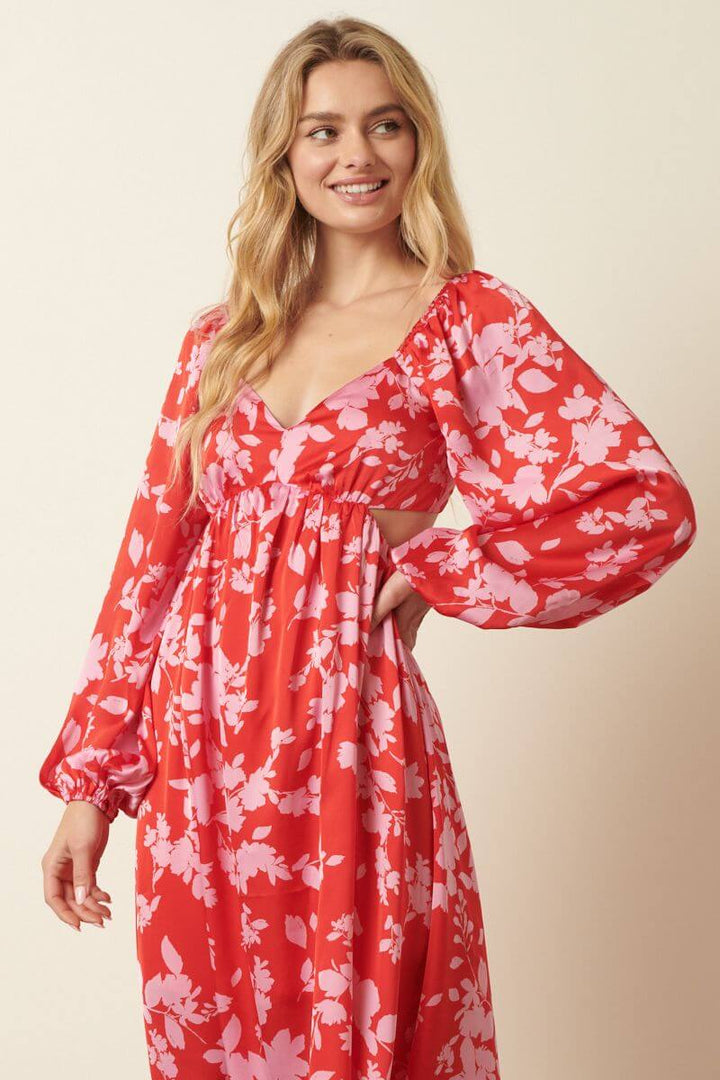 Red Satin Floral Cut Out Midi Dress - Dresses