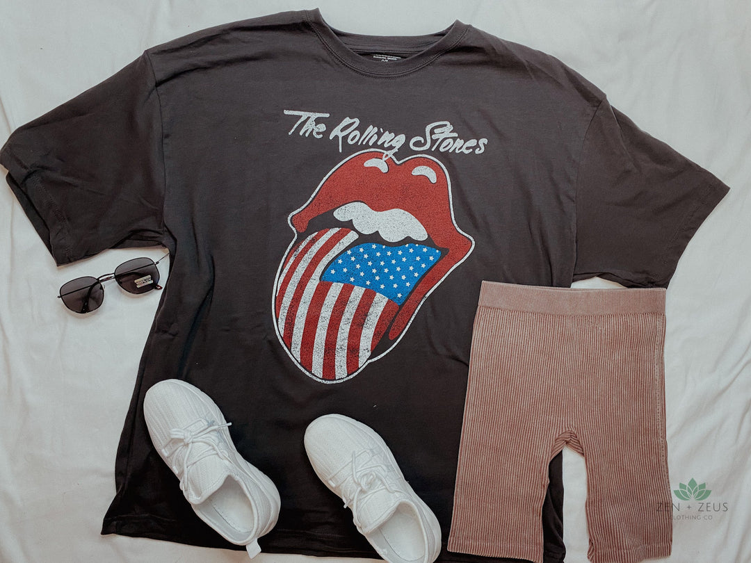Rolling Stones USA Flag Lick Oversized Tee - Graphic Tee