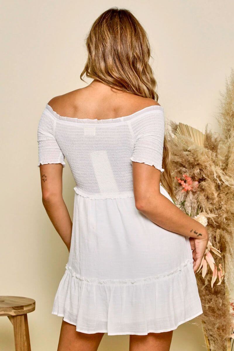 White Smocked Bodice Mini Dress