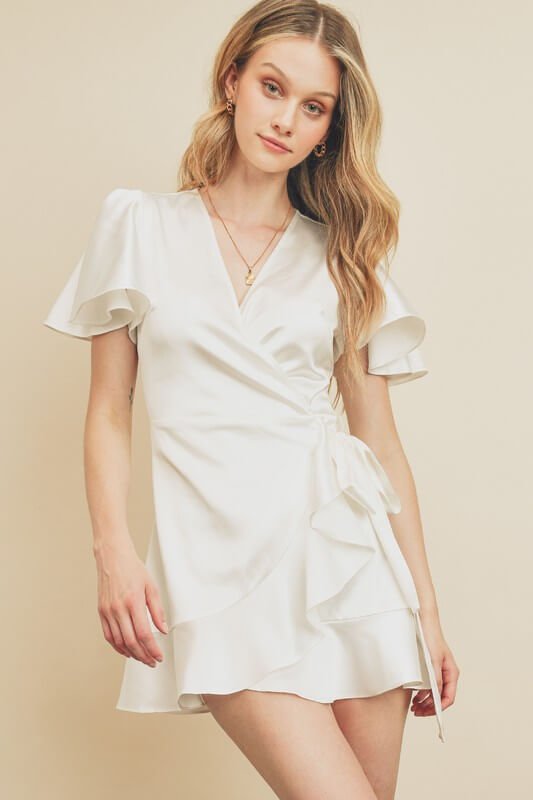 Satin Ivory Ruffled Hem Wrap Mini Dress - Dress