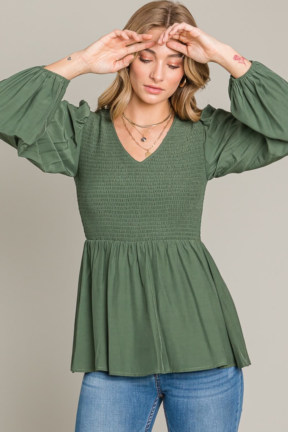 Smocked Bubble Sleeve Top - Shirts & Tops