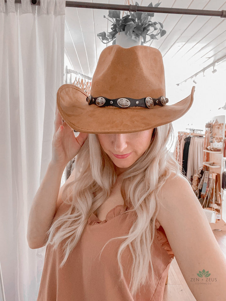 Studded Ribbon Suede Cowboy Hat (Brown) - Hat