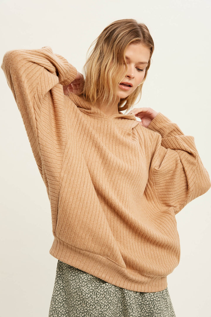 Taupe Ribbed Knit Hoodie - Outerwear