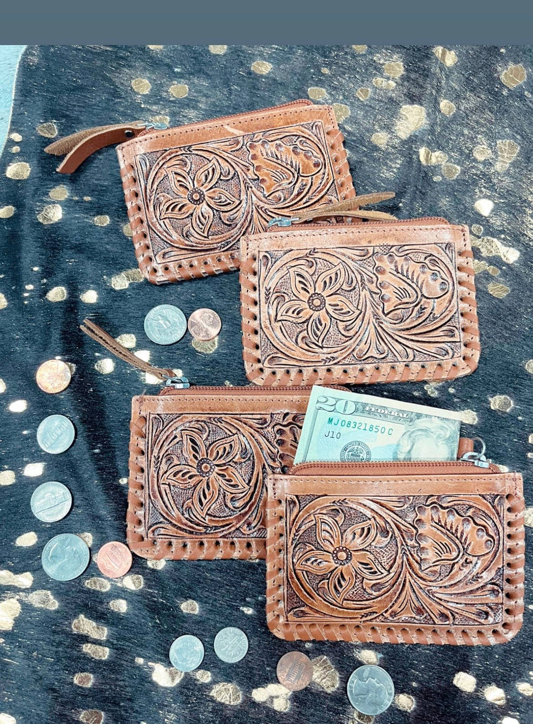 Tooled Cowhide Coin Pouch - Handbag & Wallet Accessories